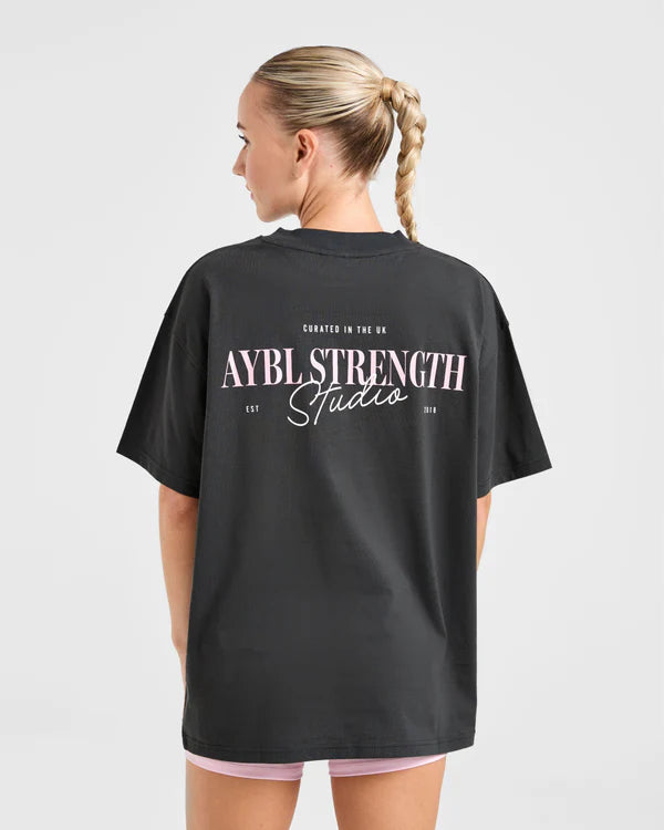 AYBL Unisex Strength Studio Oversized T Shirt - Charcoal/Pink